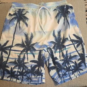 SHEIN Blue and White Palm Swim Trunks